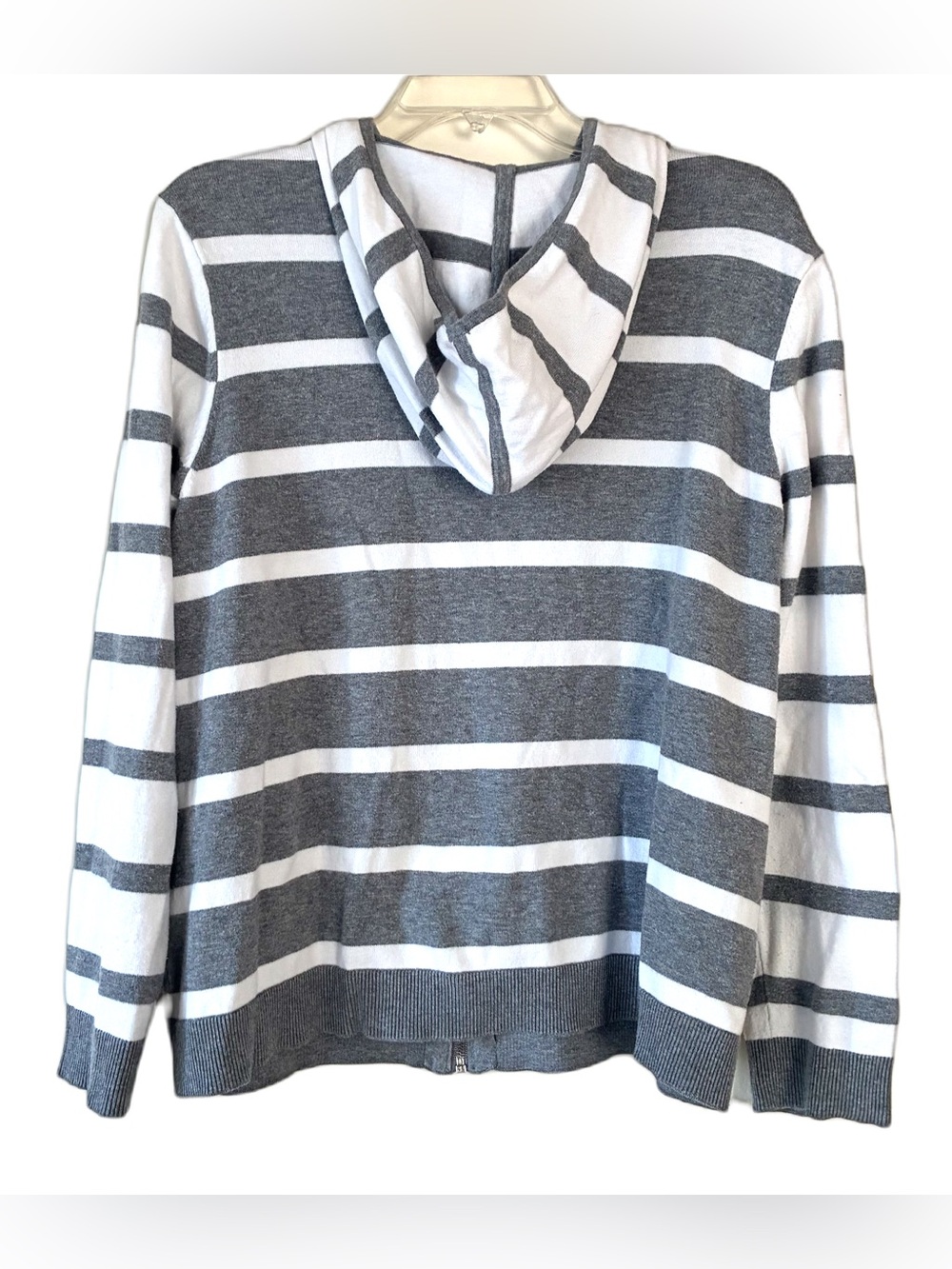 Chico’s Weekends Hooded Sweater, Sz. 2/L, Gray/White Striped, Full Zip - Picture 2 of 8
